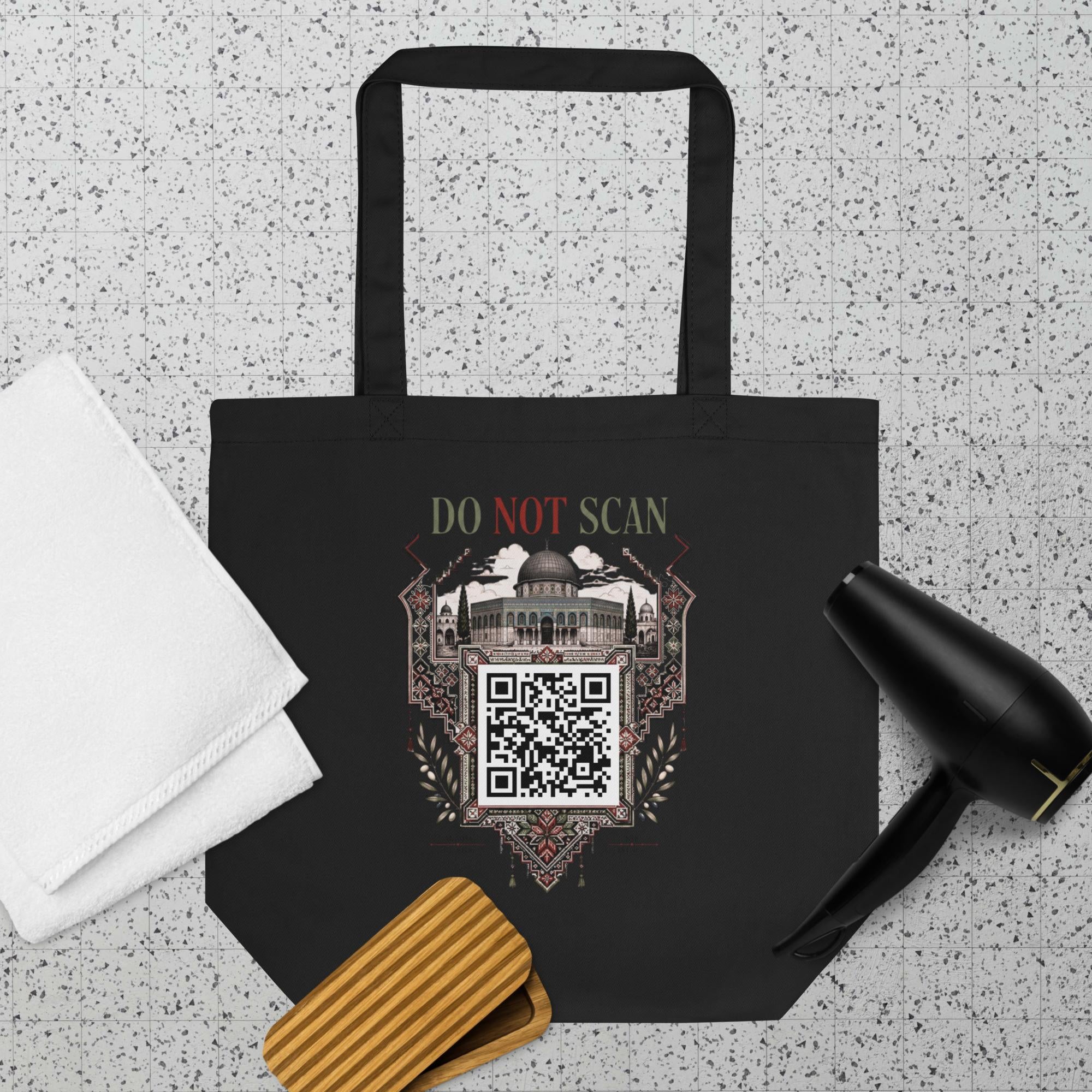 Tote Bag Al-Quds noir avec QR code et motif palestinien