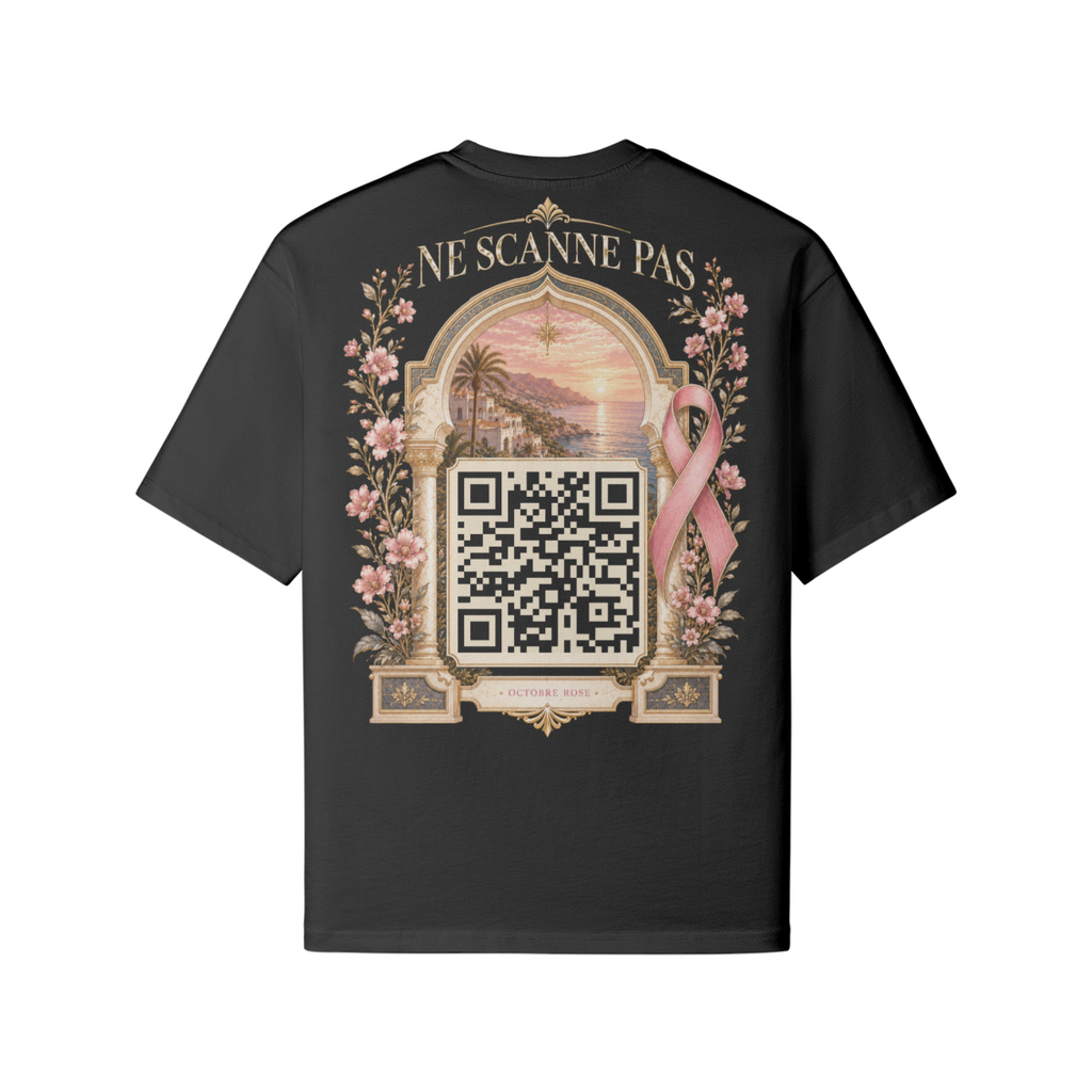 T-shirt Octobre Rose noir dos avec QR code de sensibilisation