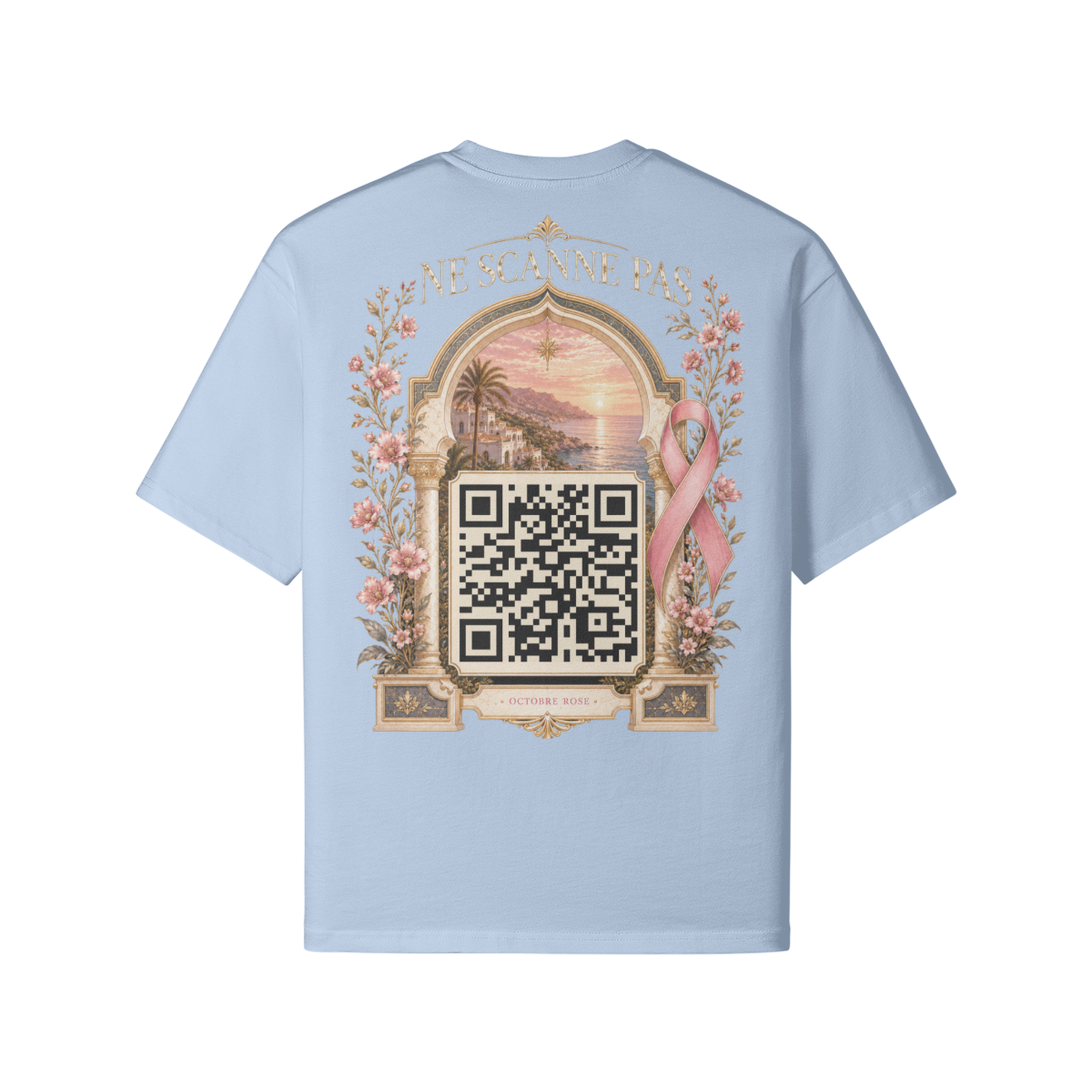 T-shirt Octobre Rose bleu clair dos avec QR code