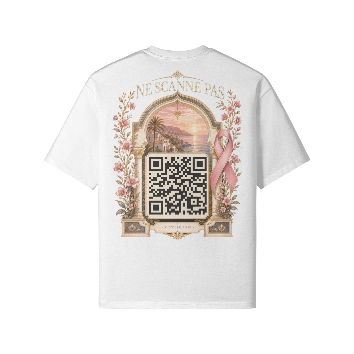 T-shirt Octobre Rose blanc dos avec QR code